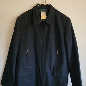 Harve Benard Jacket women Sz X Large Long Linen Black Wool 4 Pockets Closure Zip